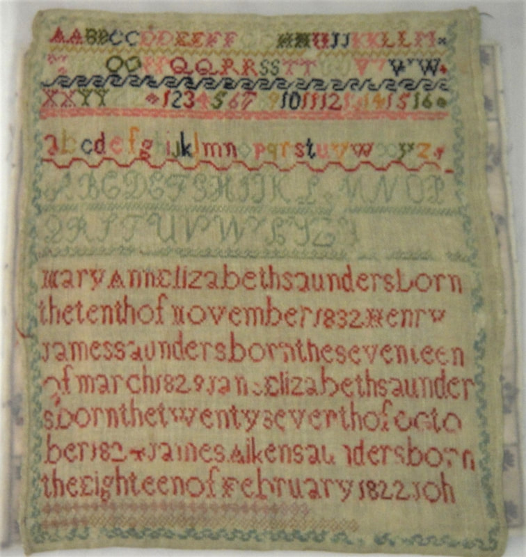 1922.2139 Linen sampler, probably embroidered by Mary Ann Elizabeth Saunders, 1840-1850