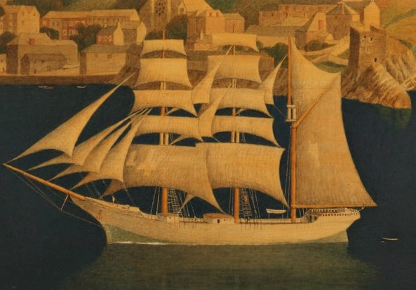 Detail of painting of a ship.