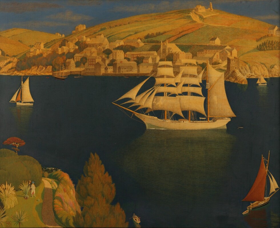 1925.277 The Old Seaport, painting of a ship coming into a sunny harbour, by Joseph Edward Southall.