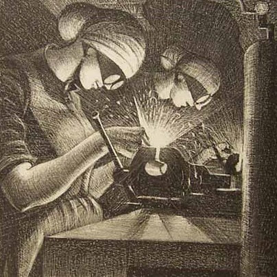Detail of print 'Making Aircraft, Acetylene Welders', showing two women at a workbench.