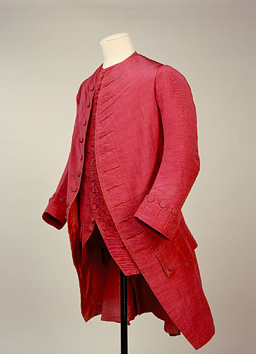 1954.960 Raspberry pink silk coat, waistcoat and breeches, 1760-1780