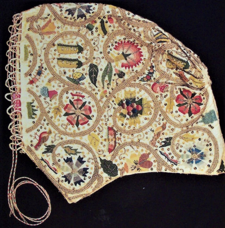 1997.211 Coif or cap, silk embroidered linen, made in Scotland, 1600-1610