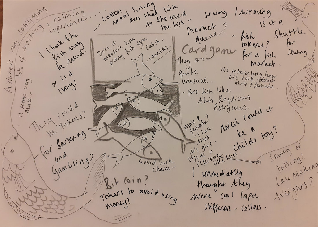 Notes from conversation about a tin of carved bone fish.