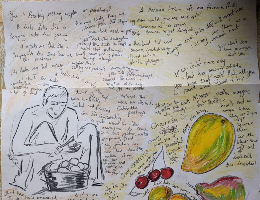 Notes and drawings from the conversation about two paintings, one of a woman peeling potatoes, the other of a bowl of apples and pears.