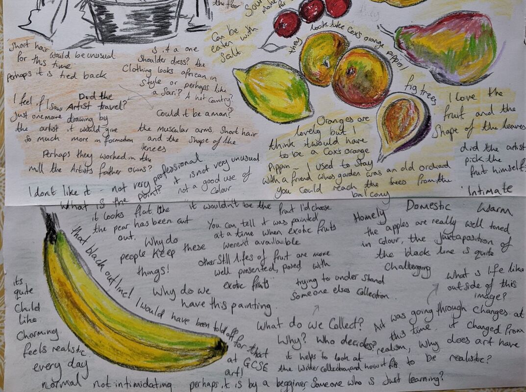 Notes and drawings from the conversation about two paintings, one of a woman peeling potatoes, the other of a bowl of apples and pears.
