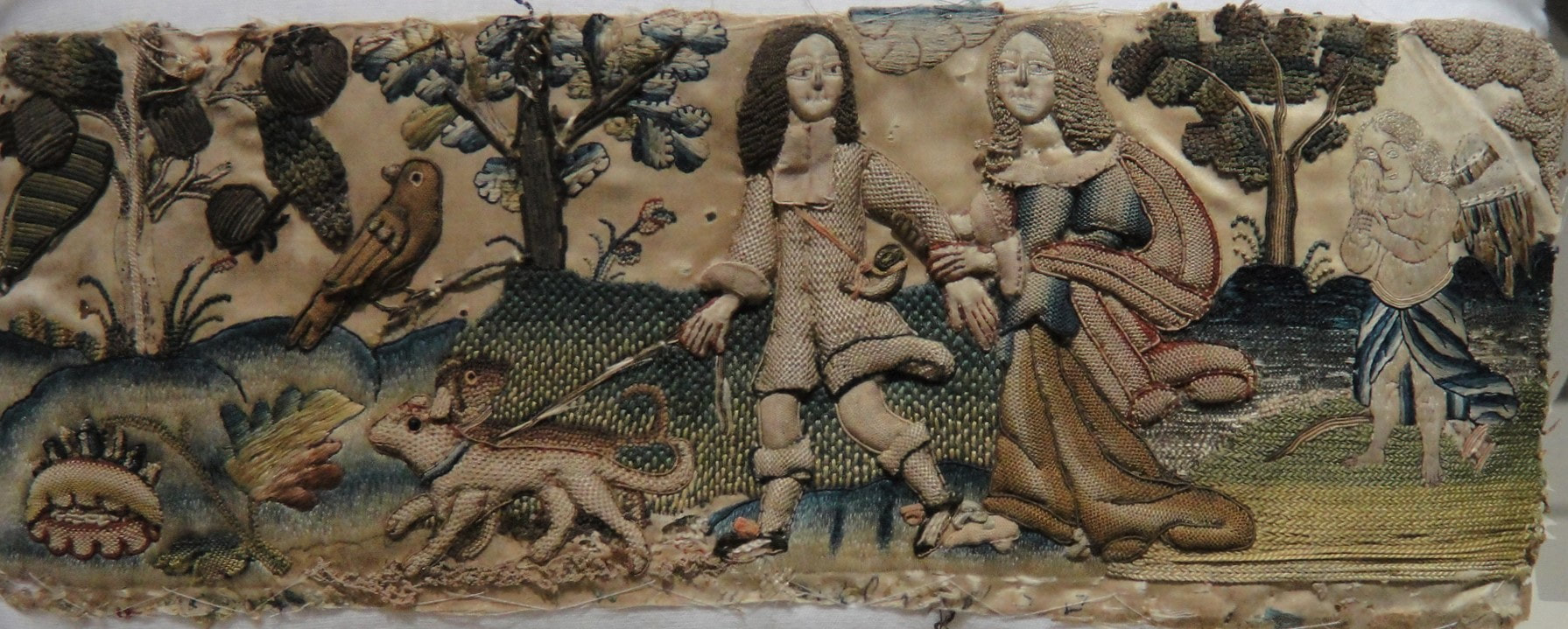 Embroidered panel, stumpwork embroidery,  Venus and Adonis, British, 1660-1680