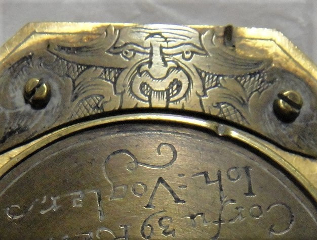 Detail of engraving on equatorial dial, brass, made by Johan Georg Vogler, Germany, 1700-1750.