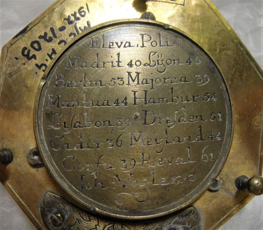 Reverse of equatorial dial, brass, made by Johan Georg Vogler, Germany, 1700-1750.