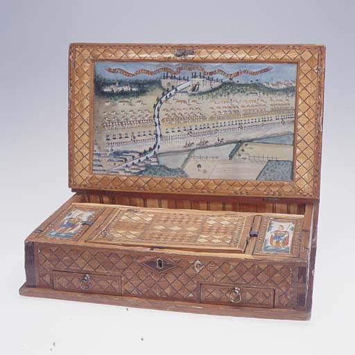 Straw-work marquetry box with watercolour scene of a Napoleonic prisoner-of-war camp, probably made by a French soldier, c.1809-1815.