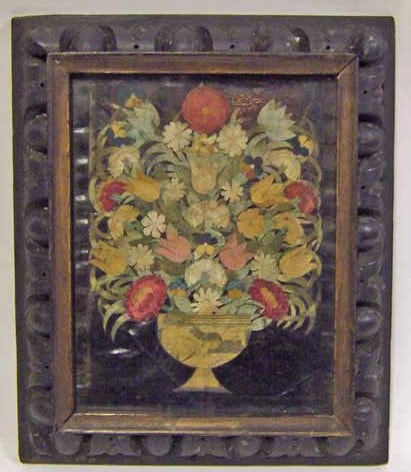 1922.1334 Collaged flower picture made from silk scraps on wood, British, c.1690