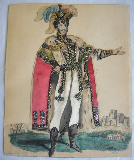 1922.1681 Hand-tinted print of a man in military uniform, with fabric and stamped metal, c.1820-1830