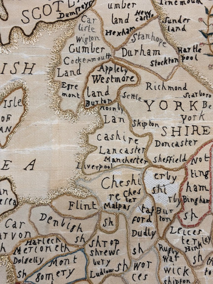 1922.1857, silk-embroidered map of England and Wales, 19th century