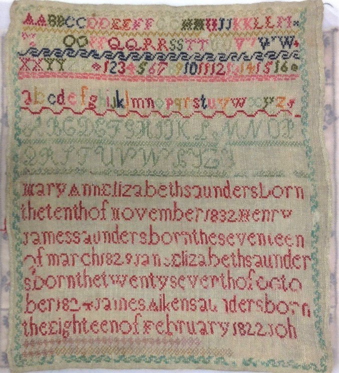 Linen sampler, probably embroidered by Mary Ann Elizabeth Saunders, 1840-1850.