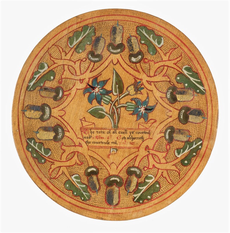 Painted roundel, sycamore, with oak leaves and acorns, 1580-1600.
