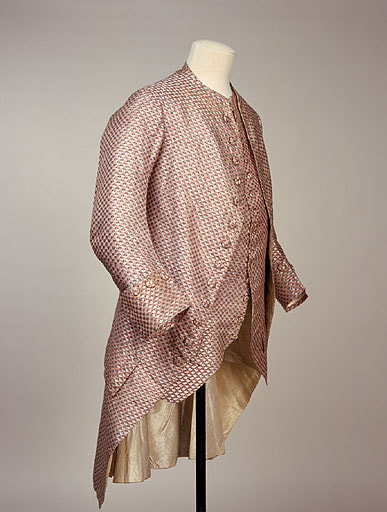 1954.962 Pale pink silk coat, waistcoat and breeches, 1760-1780