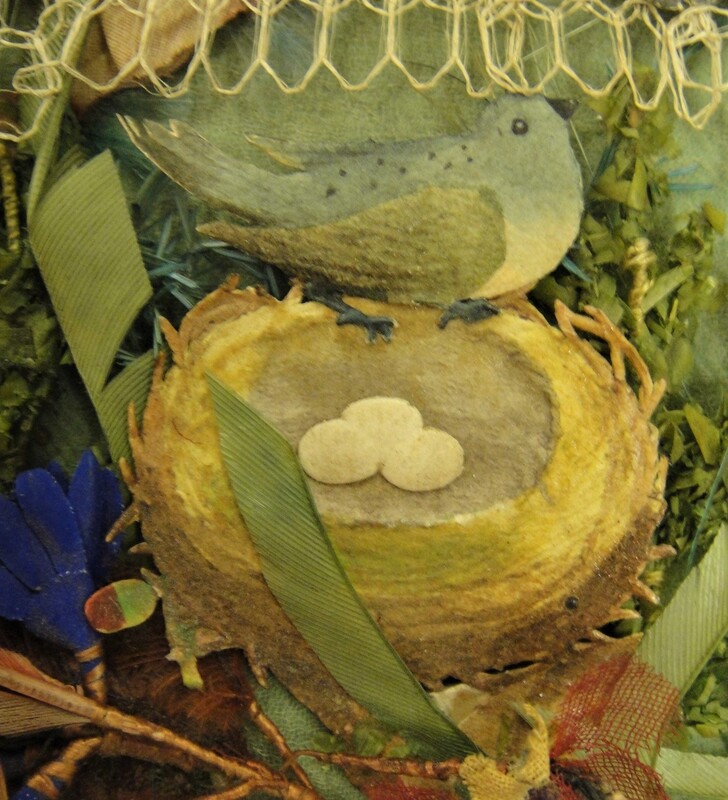 Detail of Valentine's card, British, 19th century, showing bird on nest with three eggs.