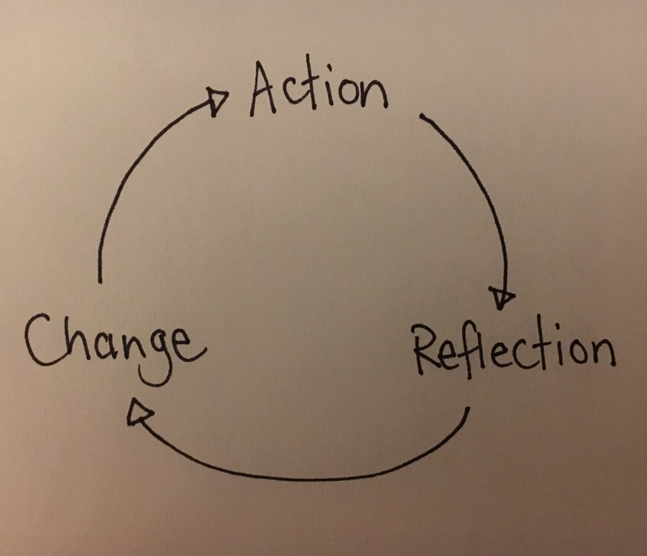 Diagram showing the cyclical process of action, reflection, change.