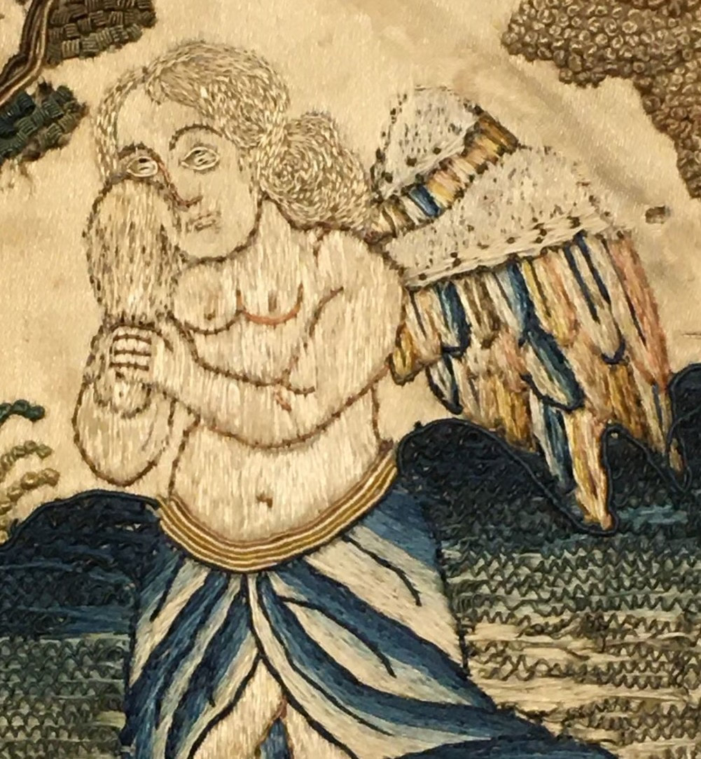 Detail of embroidered stumpwork panel, Venus and Adonis, showing weeping angel, British, 1660-1680.