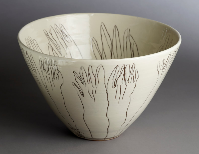 M20956 Bowl, made by Alex McErlain and decorated by Alice Kettle, inspired by gloves in the Platt Hall Collections, ceramic, 2016.