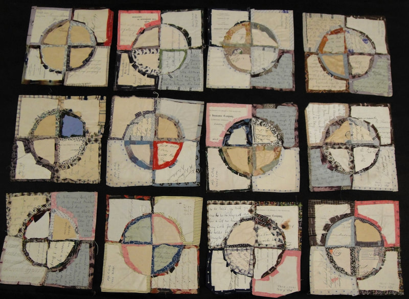 Reverse sides of twelve patchwork pieces showing fragments of letters used as templates