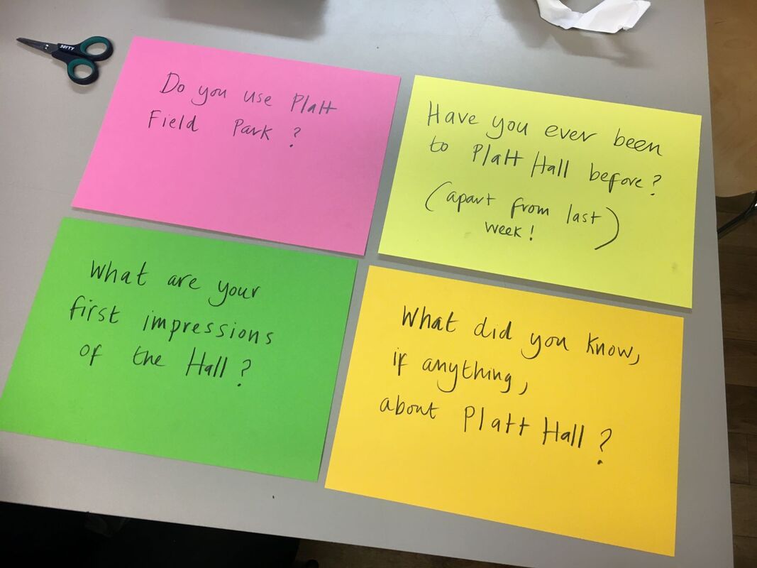 Questions on coloured card for our first session at Platt Hall